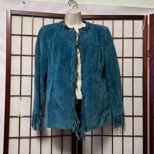 PAMELA MC‎ COY TURQUOISE FRINGE 100% LEATHER JACKET SIZE S